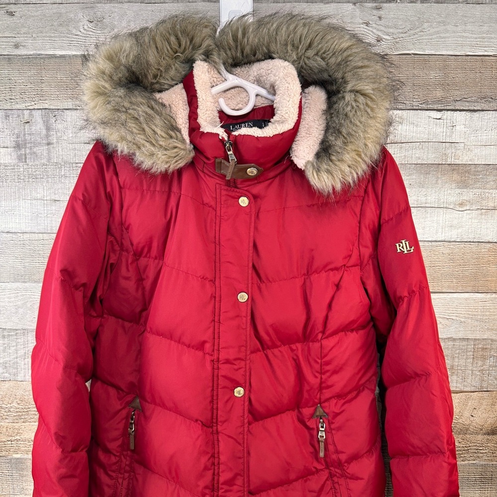 Lauren Ralph Lauren Red Down Puffer Coat Faux Fur Hood Parka Jacket L